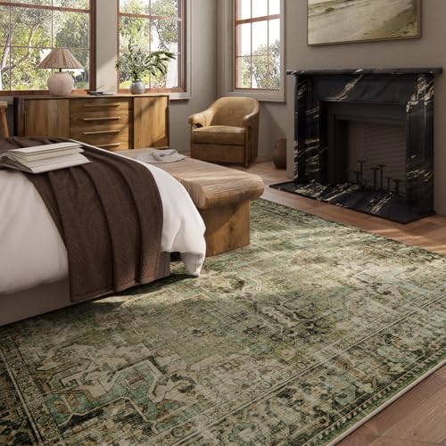 9x12 Area Rugs for Living Room: Washable Bedroom Rug Boho Vintage Rugs Stain Resistant Non Slip Low Pile Soft Lightweight Carpet for Kitchen Dining Room Farmhouse Nursery Kids Room - color: Black and Green, size: 9' x 12' (Rectangular)