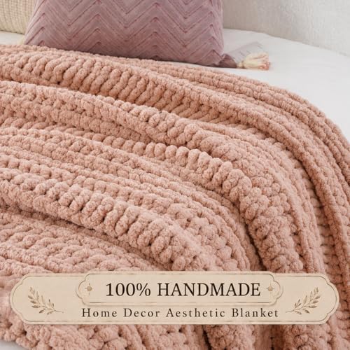 Battilo Chunky Knit Throw Blanket for Couch, Hand Made Chenille Throw Blanket, Super Soft Warm Cozy Pink Blanket for Bed, Sofa, Living Room, 50"x60" - color: Pink