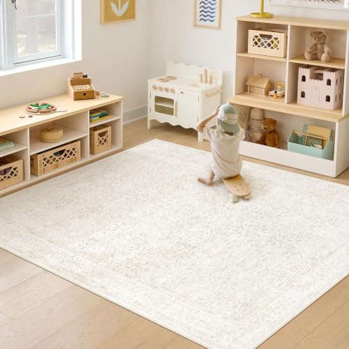 Bedroom Rug Washable Large Area Rugs Foldable Low Pile Print Non Slip Boho Patterned Rugs for Bedroom Living Room Dining Home Office (Floral Beige, 5'x7') - color: Floral Beige, size: 5' x 7' (Rectangular)