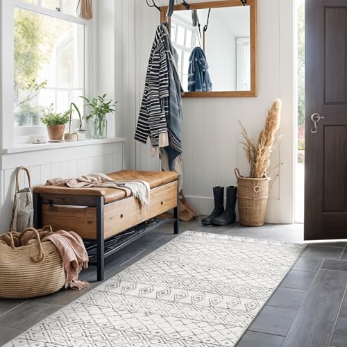BVVYOO Hallway Runner Rug Moroccan 2'x6' Geo Grey | Washable, Non-slip Backing, Soft Thin Low Pile Texture,Ideal for Front Door Entry, Bedroom, Living Room - color: Geo Grey, size: 2' x 6' (Rectangular)