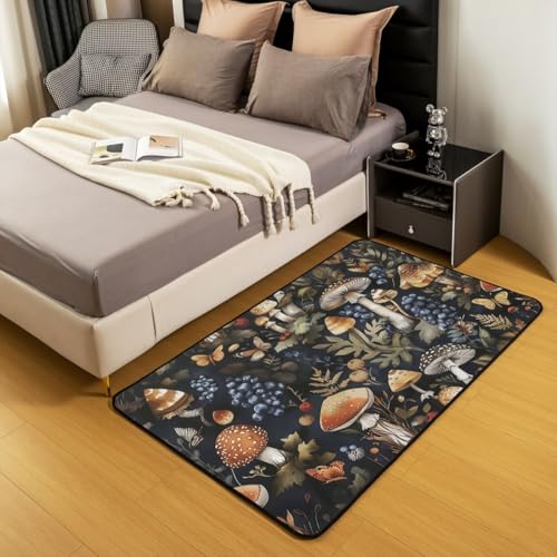 Erosebridal Mushroom Area Rug 4'11" x 3'3" Butterfly Living Room Rugs Nature Leaves Botanical Decorative Carpet Vintage Daisy Blueberry Indoor Floor Mat - color: Black Brown, size: 3'3" x 4'11" (Rectangular)