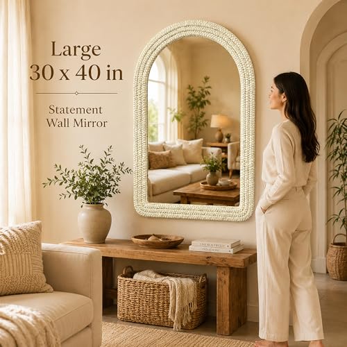 30" x 40" Arched Wall Mirror, Handwoven Natural Corn Husk Fiber with Light Whitewashed Finish, Warm Boho Coastal Style for Entryway, Bedroom, Living Room, Vertical Hanging - size: 40"L x 30"W