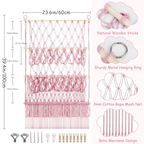 3 Tier Hanging Stuffed Animal Storage Shelf, 24x39 Inch Large Stuffed Animal Organizer Display for Mini Medium Stuffy Teddy, Pink Boho Macrame Stuffy Storage w/ LED Light & Clips for Kids Girls Boys - color: Light Pink, size: Large-3 Tier-24x39 Inch