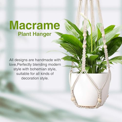 LEWESU Macrame Plant Hanger Indoor Set of 2 with 4 Hooks, Indoor Outdoor Hanging Planter for Plants Holder with Decorative Wood Beads & No Tassels, Boho Home Decor, 35 Inch Ivory (Pots Not Included) - color: Ivory, size: 35" Set of 2