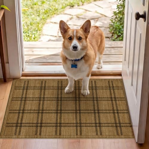 Jute 2x3 Entryway Area Rugs: Washable Non Slip Throw Rugs with Rubber Backing Pet-Friendly Small Rugs Stain Resistant Carpet for Kitchen Dining Room Laundry Porch Doorway Brown Plaid - color: Brown Plaid, size: 2' x 3' (Rectangular)