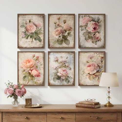 Framed Vintage Floral Wall Art, Set of 6 Boho Pink Rose Flower Canvas Painting Prints Artwork for Rustic Farmhouse, Retro Botanical Pictures for Bedroom Living Room Office Home Decor, 11x14 - color: Rose - Walnut Framed, size: 11" W x 14" H x 6Pcs
