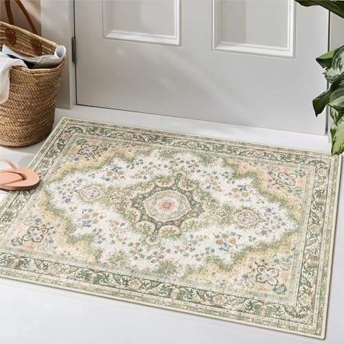 Small Rugs 2'x3',Green Rug for Entryway Bathroom Kitchen Entrance Doormat,Boho Vintage Bohemian Distressed Washable Accent Indoor Mat Floor Throw Carpet Non Slip,Sage Floral - color: Rug11-green, size: 2'x3'