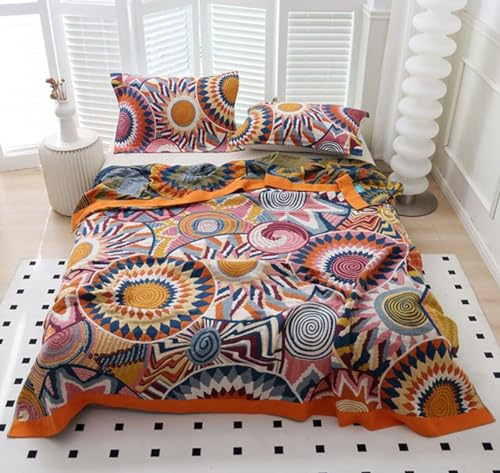 Boho Throw Blanket for Bed 100% Cotton Bohemian Blankets Ultra Soft Woven Muslin Decorative Blankets All Seasons Vintage Quilt Knitted Blanket for Sofa Chair (Colorful, 80"x90") - color: K-colorful World, size: 80"x90"