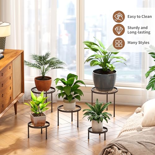 Plant Stand Indoor Outdoor 5 Pack Heavy Duty Metal Stand Multiple Plants, Anti-Rust Iron Flower Pot Stand Decoration Racks Plant Pot Shelf for Living Room Garden Balcony (Brown) - color: Brown