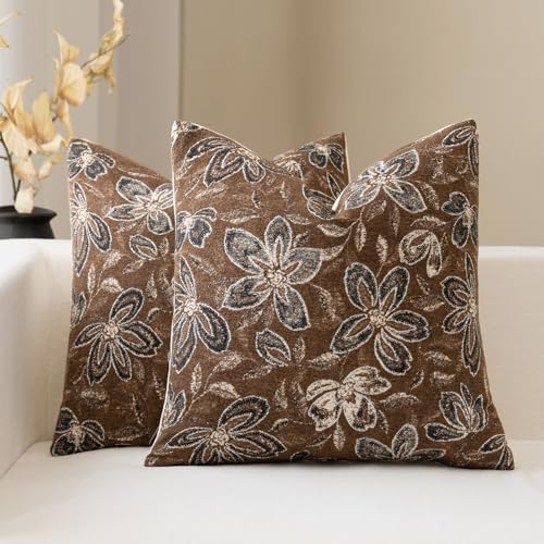 FIOUOVO Floral Throw Pillow Covers 18x18 Set of 2 Farmhouse Pillow Covers Vintage Neutral Accent Pillowcases Decorative Cushion Covers for Sofa Couch Living Room Bedroom Home Decor, Brown - color: Brown, size: 18" x 18" (Pack of 2)