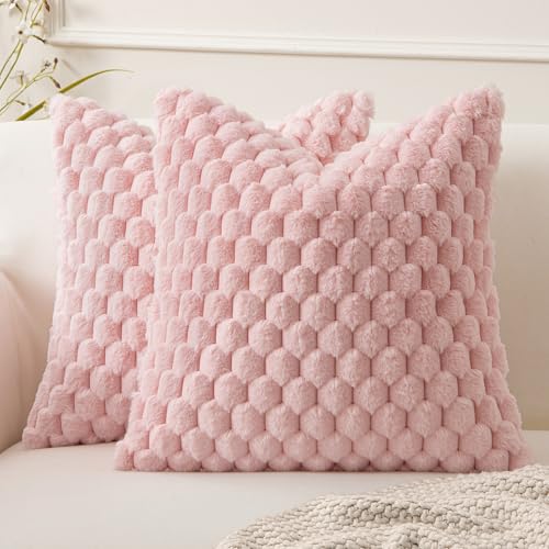 MIULEE Cute Pink Spring Faux Fur Decorative Throw Pillow Covers 18x18 Inch Set of 2 Super Soft Cozy Plush Cushion Cases Luxury Fluffy Pillowcases for Sofa Couch Bed Living Room Valentine Decor - color: Pink, size: 18" x 18" (Pack of 2)