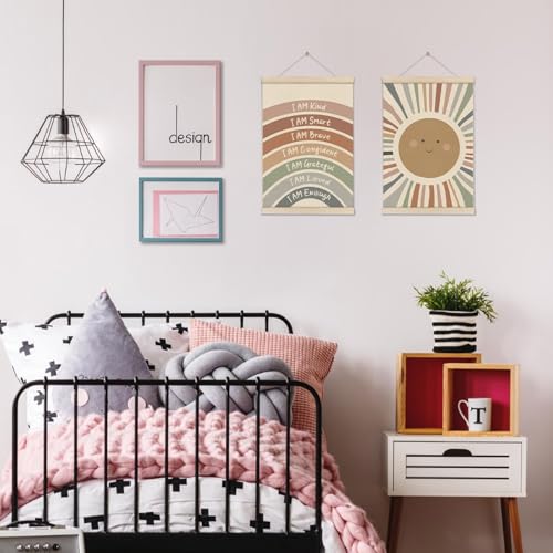 Positive Affirmations Posters, I Am Kind Smart Brave Rainbow Sun Wall Decor, Motivational Inspirational Wall Art for Mental Health Office Playroom Nursery Bedroom, 2pc Hanger Frame, 16X12 Inch - color: Off-White012