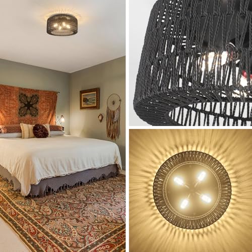 Rattan Light Fixtures Ceiling Mount,4-Lights Boho Flush Mount Ceiling Light with Hand-Woven Shade, 18''Rattan Farmhouse Chandelier for Hallway Bedroom Kitchen Farmhouse Foyer Entryway (Black) - color: Black, size: Large