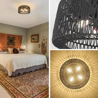 Rattan Light Fixtures Ceiling Mount,4-Lights Boho Flush Mount Ceiling Light with Hand-Woven Shade, 18''Rattan Farmhouse Chandelier for Hallway Bedroom Kitchen Farmhouse Foyer Entryway (Black) - color: Black, size: Large