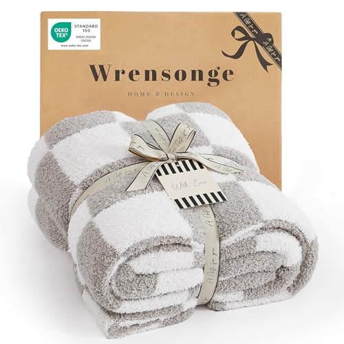 WRENSONGE Checkered Throw Blanket, Light Grey Soft Cozy Fluffy Warm Hand Made Throw Blankets for Couch, Sofa, Chair, Bed, Camping, Picnic, Travel Lightweight Bed Blanket - 50"*70" - color: Aspen Grey, size: Throw-XL(50"x 70")