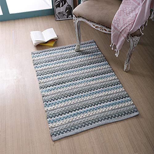 Cotton Chenille Hand Woven Area Rug 2x3 Feet - Aqua Combo, Reversible Quick Water Absorbent Accent Floor Rugs Ideal for Bathroom, Kitchen, Bedroom | Spa Blue Soft Washable Durable Mat for Home Décor - color: Aqua Combo, size: 2 x 3 feet