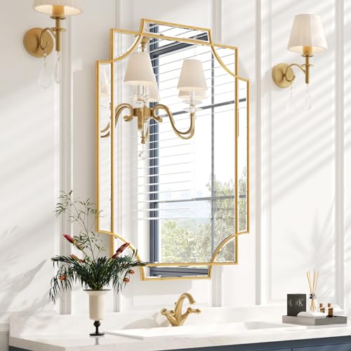 Kelly Miller Gold Bathroom Mirror for Wall, 24"x36" Large Decorative Mirror Gold Wall Mirror Vanity Mirror Beveled Wall Decor for Master Bath Half Bath Living Room Bedroom Fireplace Mantle Entryway - size: 36"L x 24"W