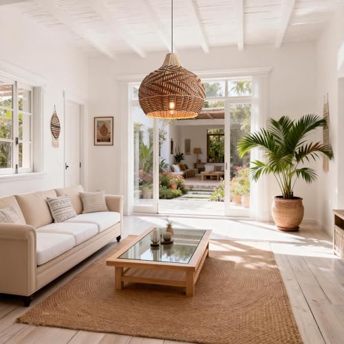 Bohemian Pendant Light, 19" Handwoven Rattan Chandelier, Farmhouse Ceiling Light with Adjustable Cord, Natural & Brown Hanging Light Fixture for Kitchen Island, Dining Room, Bedroom, Living Room - color: D3053