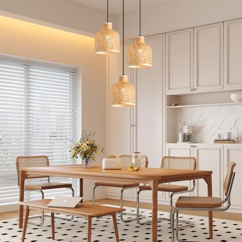 3-Light Bamboo Woven Pendant Light Boho Rattan Hanging Chandelier with Adjustable 59" Cord, Farmhouse Wicker Shade Ceiling Light Fixture for Dining Room Kitchen Island Living Room - color: Natural Wood Color