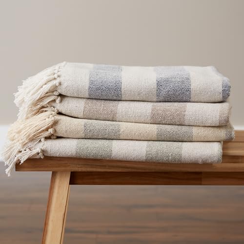 DII Rustic Farmhouse Cotton Cabana Striped Blanket Throw with Fringe, 50 x 60 - Cabana Striped Off-White with French Blue - color: Off-white With French Blue