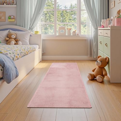 jinchan Solid Plush Runner Rug 2x5 Performance Shaggy Washable Hallway Rug Soft Modern Faux Wool Cozy Non Slip Carpet for Bedroom Laundry Room Living Room Kids Nursery Pink - color: Solid Pink, size: 2' x 5' (Runner)