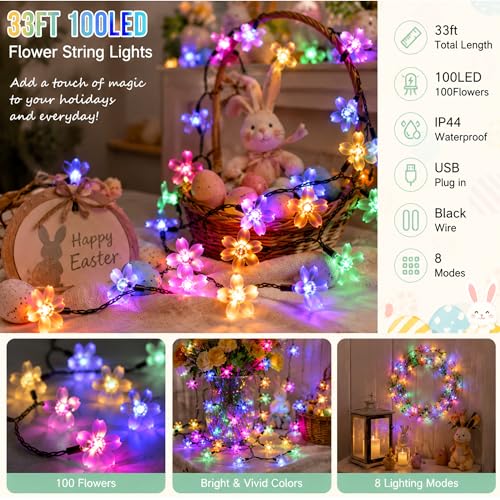 Pastel Flower Fairy Lights String with Timer for Easter Christmas Decor, | USB plug in 8 modes multicolored cherry blossom lights for wedding, Christmas Easter, bedroom, indoor outdoor decorations - color: 33ft Multicolor Flower Lights
