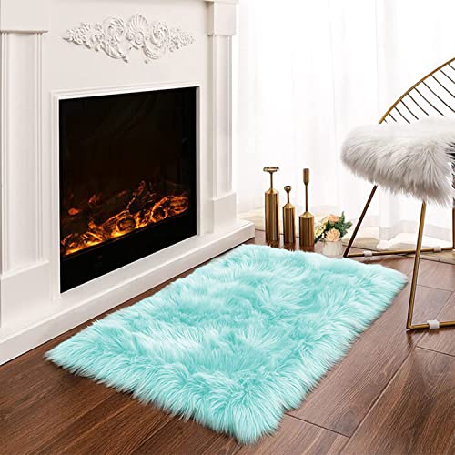 Latepis Light Blue Small Fluffy Rugs 2x3 Teal Faux Sheepskin Fur Rug for Bedroom Cute Throw Plush Rug for Cushion Chair Furry Rugs for Home Décor - color: Light Blue, size: 2' x 3' (Rectangular)