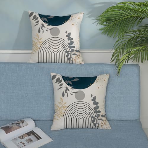 Boho Pillow Covers 18x18 Set of Mid Century Navy Blue Gray Gold Throw Pillow Covers Outdoor Decoration, Abstract Modern Bohemian Leaf Farmhouse Linen Decorative Cushion Cover for Sofa Couch - color: Navy Blue -Mid Century Leaf 2, size: 18" x 18" (Pack of