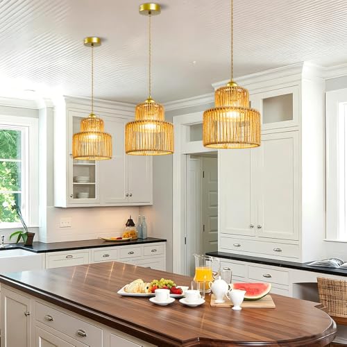 7.9″ Rattan Pendant Light Fixture Boho Woven Chandelier Ceiling Pendant Light Round Adjustable Hanging Lamp for Dining Room Kitchen Island Hallway Bedroom - color: 7.9″