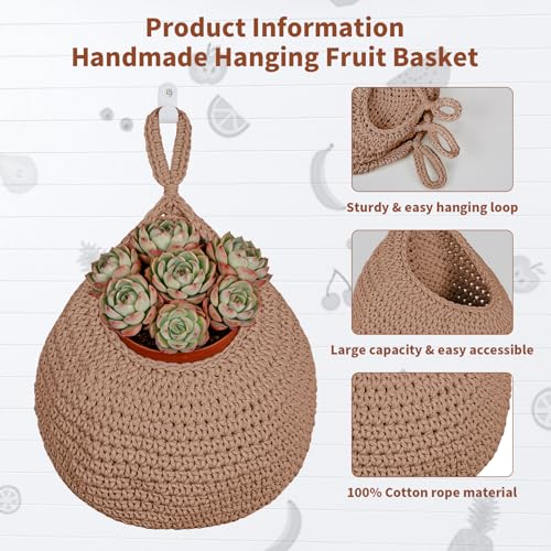 3 Pack Hanging Fruit Baskets with Hooks, Handwoven Cotton Wall Storage Baskets for Fruit Vegetable Plant 3 Sizes, Boho Decor Hanging Holder Teardrop Produce Basket for Kitchen Storage, Brown - color: Brown, size: 3 Pack