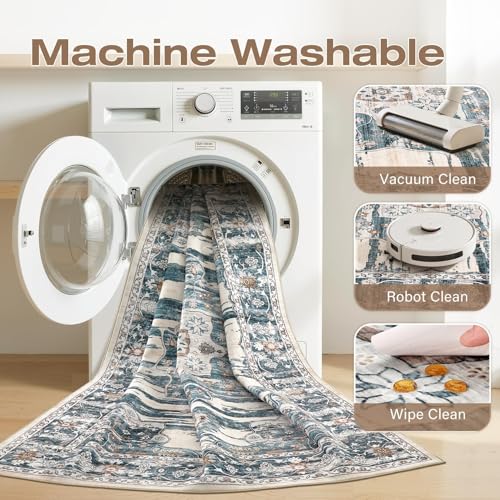 Washable 5x7 Area Rug for Living Room - Ultra Soft Vintage Carpet with Non-Slip Backing, Stain Resistant Low-Pile Indoor Rug for Bedroom & Home Office, Kid & Pet Friendly - Blue - color: Dark Blue, size: 5' x 7' (Rectangular)