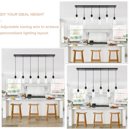 6-Lights Pendant Light Fixtures Ceiling, Modern Black Adjustable Hanging Lamp with Clear Glass Shades, Dining Room Kitchen Island Lighting E26 Bulb Base - color: Black, size: 6-Light