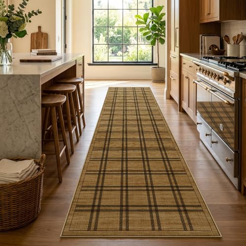 Jute 3x10 Hallway Runner Rug: Boho Washable Non Slip Carpet with Rubber Backing No Shed Woven Farmhouse Home Decor Pet Friendly Easy Care Rugs for Kitchen Entryway Bedroom Plaid - color: Brown Plaid, size: 3' x 10' (Rectangular)