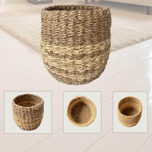 LAQUEDECRAFT Small Seagrass Basket | Handwoven Natural Waste Bin for Garbage, Storage, or Holding Planters | Ideal for Bathroom, Bedroom, Office, or Under Desk Use (Seagrass)