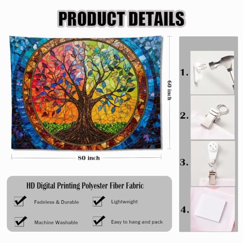 keowhsf Tree of Life Tapestry Wall Hanging – Colorful Stained Glass Look Wall Art with Fantasy Aesthetic, Large Tapestry for Bedroom, Living Room, Home Decor - color: TreeGlass, size: 80"L x 60"W