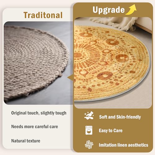 Carvapet 5ft Round Rug - Soft Low Pile 60 inch/152 cm Sunshine Print Washable Circle Carpet with Non Slip Rubber Backing, Foldable Area Rug for Living Room Bedroom Nursery Office Dining Room - color: S-brown, size: 5' (Round)