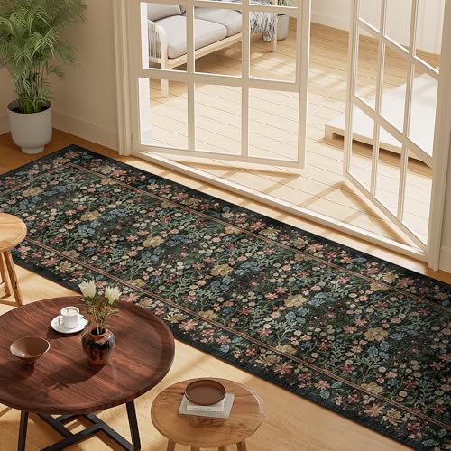 DUKONO 2x8 Runner Rug for Hallway, Non Slip Vintage Floral Kitchen Runner Rug with Non Shedding, Lightweight Soft Indoor Low Pile Carpet for Entryway, Kitchen, Bathroom, Bedroom, Laundry, Black - color: Black, size: 2' x 8' (Rectangular)