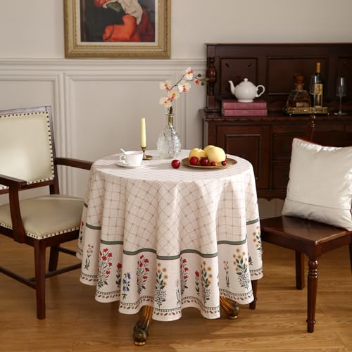 ISAENNE Designer Vintage Linen Floral Small Round Tablecloth,Fall Colorful Modern Table Cloth,Anti-Wrinkle Decor Tablecloths for Dining Thanksgiving Kitchen Christmas,Diameter 55"-Bertina E - color: Bertina E, size: 55" (Round)