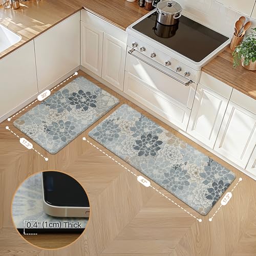 GENIMO Kitchen Mats for Floor, Kitchen Rugs Non Slip Washable Sets of 2, Waterproof Cushioned Anti Fatigue Mat, Floral Runner Rug for Laundry, Sink, Office, Home, 17.3"x47"+17.3"x30", LightBlue - color: Light Blue, size: 17.3"x47"+17.3"x30"