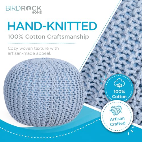 BIRDROCK HOME Round Pouf Ottoman Foot Rest - 18.5”x18.5”x15” Boho Compact Comfortable Soft Cotton Braided Foot Stool with Bean Bag Filling for Living Room, Bedroom, or Nursery (Soft Blue) - color: Soft Blue