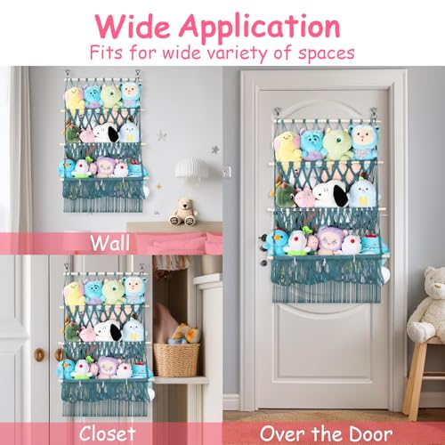 3 Tier Stuffed Animal Storage Shelf Net, 24x39 Inch Large Plushie Net w/LED Light & Clips for Mini Medium Stuffy Teddy, Aqua Boho Macrame Wall Toy Holder Display for Nursery Kids Girls Boys - color: Aqua, size: Large-3 Tier-24x39 Inch