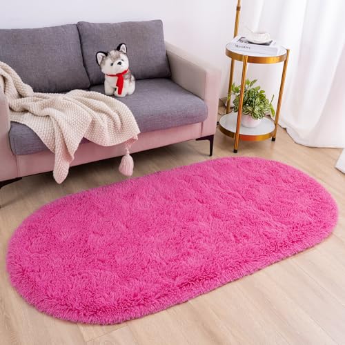 Goideal Fluffy Bedroom Rug, Small Oval Area Rugs, Hot Pink Shag Bedside Carpet for Kids Room Nursery Dorm Cute Fuzzy Indoor Decor for Boy and Girl, 2.6 x 5.3 Feet - color: Hot Pink