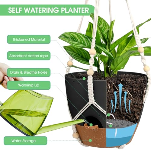 Hanging Planters for Indoor Outdoor Plants, 2 Pack Self Watering Hanging Pot with Drainage Holes, Removable Tray & 2 Kinds of Plant Hangers, 10'' Hanging Flower Pots for Home Garden Decor, Black - color: Ivory+black+black, size: 10''