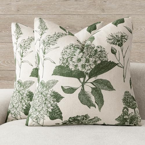 Foindtower Set of 2 Linen Floral Throw Pillow Covers Neutral Vintage Print Decorative Cozy Cushion Covers Farmhouse Boho Home Decor for Sofa Chair Couch Bedroom Living Room,18×18 Inch,Dark Green - color: Dark Green, size: 18" x 18" (Pack of 2)