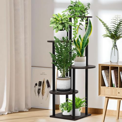 5 Tier Wood Tall Plant Stand Metal Rack Indoor, Multiple Flower Pot Holder Shelves Corner Rack, Round Planter Shelf Display Rack Storage Organizer for Patio Living Room Balcony(Black+Oak) - color: Black+Oak, size: 5 Tier