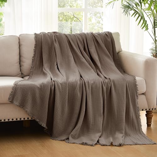 WDCOZY Muslin Blanket 100% Cotton Blankets Twin Size 4-Layer Breathable Lightweight for Couch Bed Boho Farmhouse Linen Tassels Ruffle Gauze Blankets 60x80 Inches Brown Mocha Chocolate Coffee Taupe - color: Mocha, size: Twin (60"x80")
