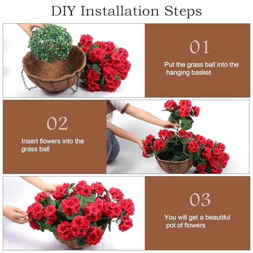 Hananona 2 Set Artificial Red Geraniums Flowers for Outdoors with Hanging Baskets, 2 Hanging Planters with 12 Pcs Red Geranium Flowers for Christmas Front Porch Garden Patio Home Decor (2, Red) - color: Red