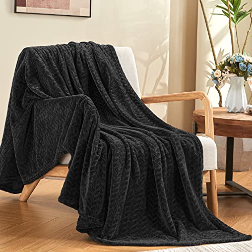 inhand Black Fleece Twin Blanket, Super Soft Flannel Cozy Blankets for Adults, Lightweight Leaves Pattern Fuzzy Blanket for Couch Sofa Bed Office, Warm Plush Blankets for All Season, 60x90 Inches - color: Carbon Black, size: Twin/Twin XL-60x90 IN