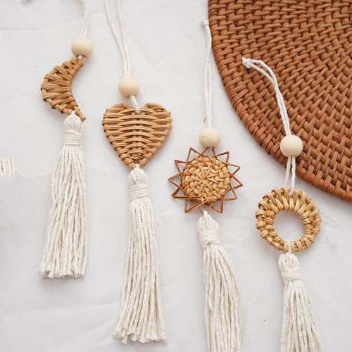 4Pcs Handwoven Wall Decor with Fringed Tassels for Living Room Bedroom Accents Artisanal Rattan Cotton Rope Wall Art Craft