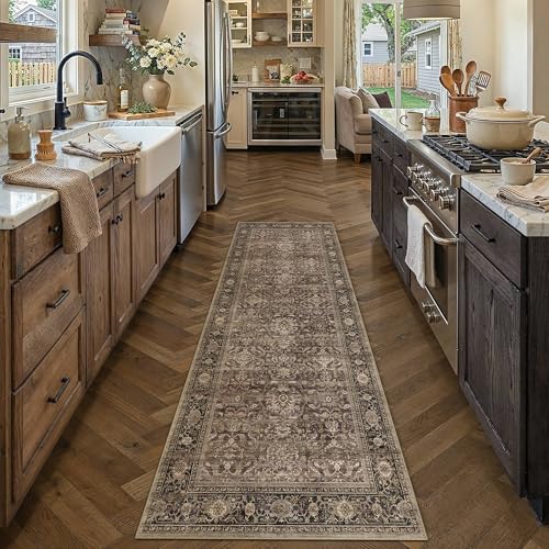 HUGEAR Brown Washable 3x8 Runner Rugs for Hallway Entryway Vintage Distressed Neutral Rug Carpet Durable Soft Non Slip & Shedding Stain Resistant Low Pile Indoor Home Decor - color: Retro | Brown, size: 3' x 8' (Runner)
